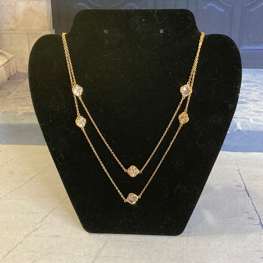 0025 Dainty Gold Tone Station Necklace w/Clear Faceted Clover-Shaped Rhinestones